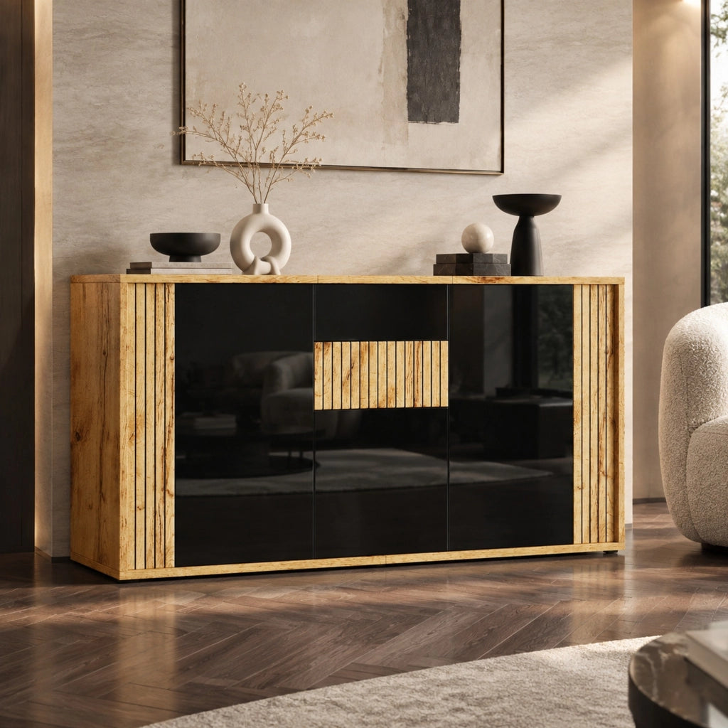 Madia 140x35x71 cm a 3 ante push-to-open nera e legno naturale HAVRYA