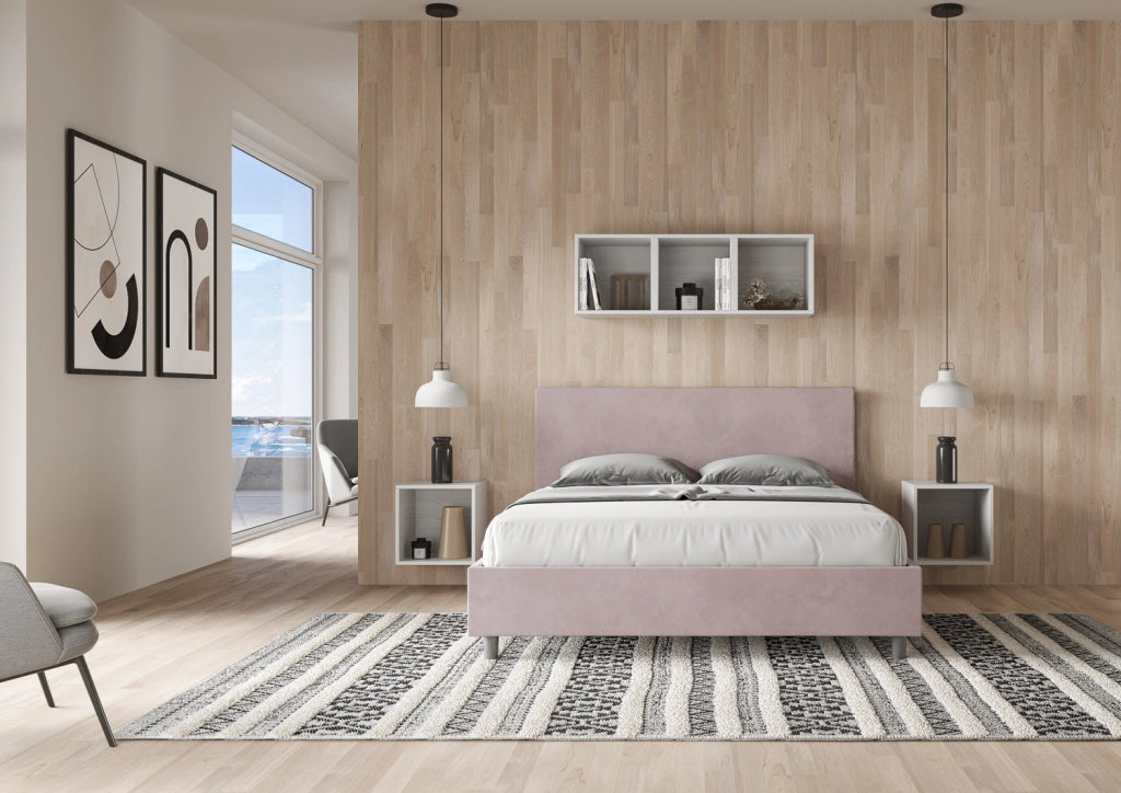 BS COM Letto matrimoniale con rete imbottito 160x210 microfibra glicine