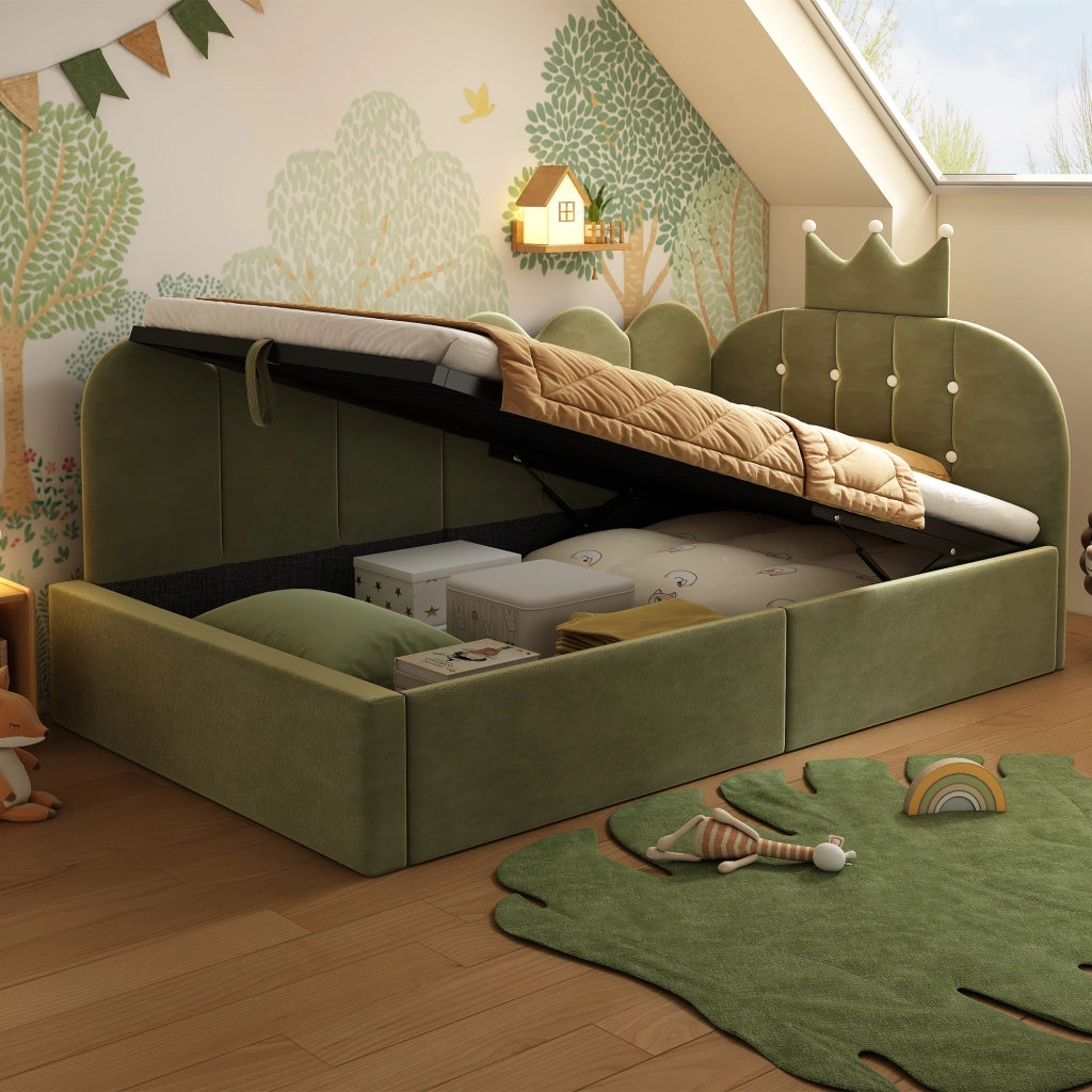 Letto da giorno 90x190 cm con contenitore idraulico; velluto verde e testiera a corona