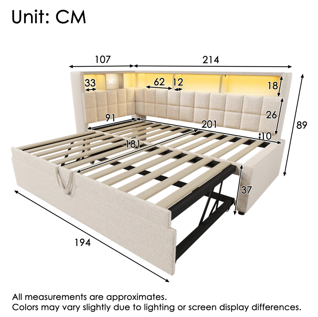 Letto singolo imbottito beige 90x200 con estraibile, LED, Bluetooth e USB-C
