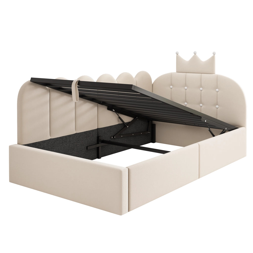 Letto da Giorno 90x190 cm in Velluto Beige con Contenitore Idraulico e Design a Corona