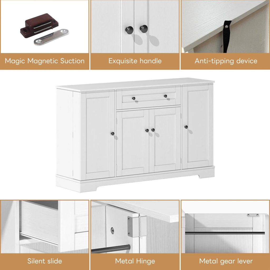 Credenza multifunzione 138 cm con cassetto, ante a scaffale e ripiani regolabili. Design moderno con protezione anti-ribaltamento per cucina, soggiorno e camera