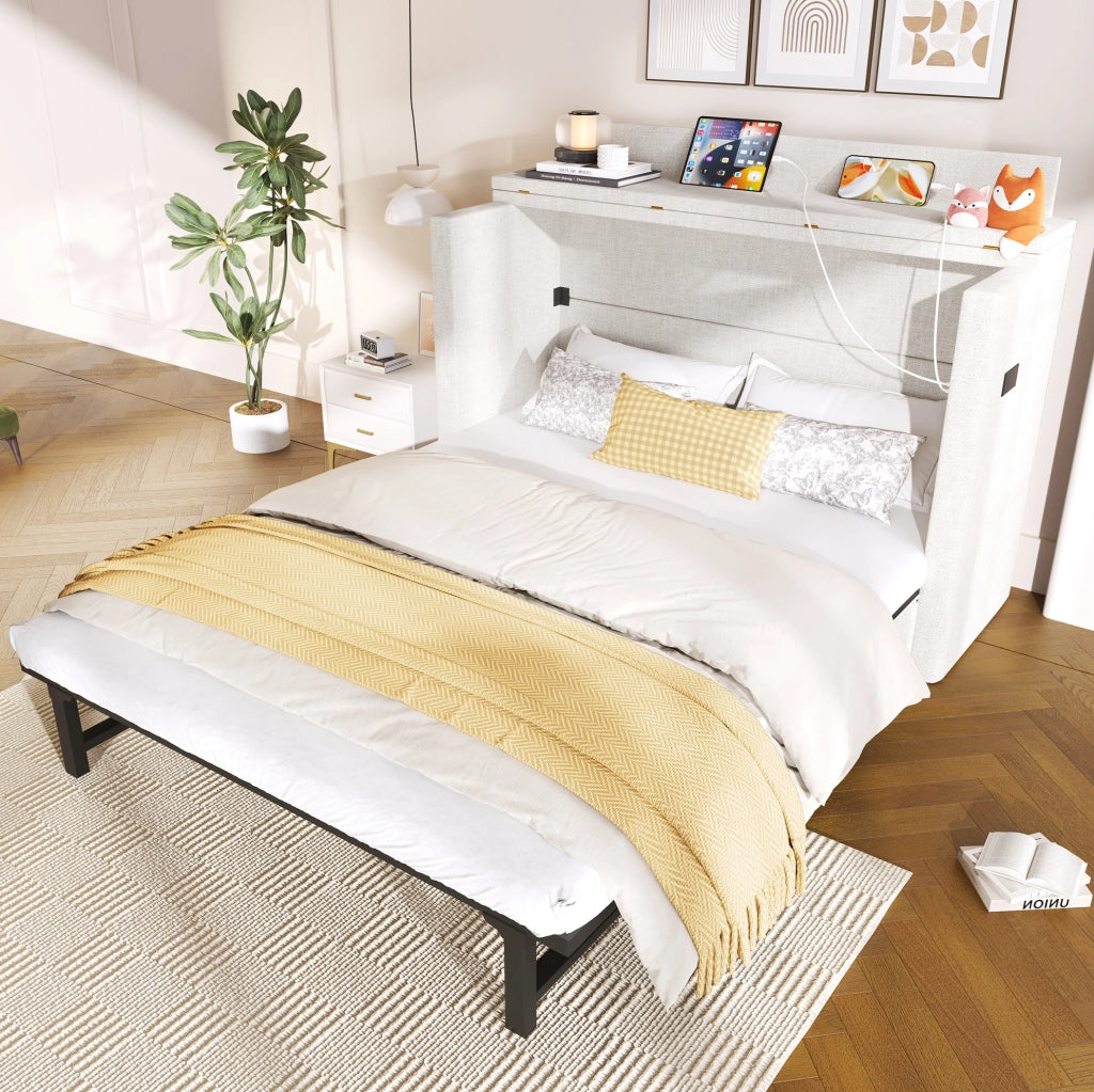 Letto a scomparsa 140x200 cm in lino beige con cassetto, prese USB e Type-C, struttura mobile con vano multifunzione, senza materasso