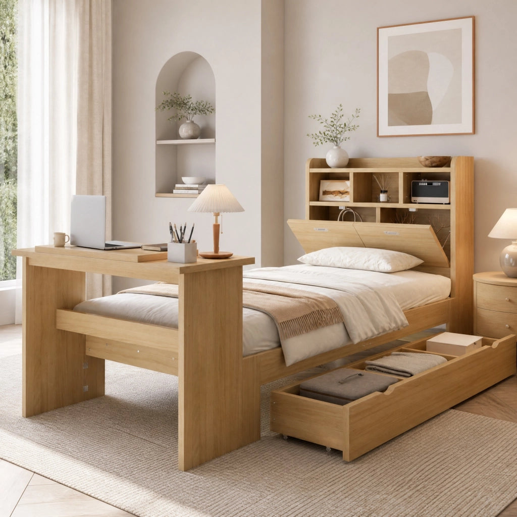 Letto singolo ULEVR 90x200 cm con cassetto, ripiano testiera e tavolo pieghevole regolabile, rovere naturale