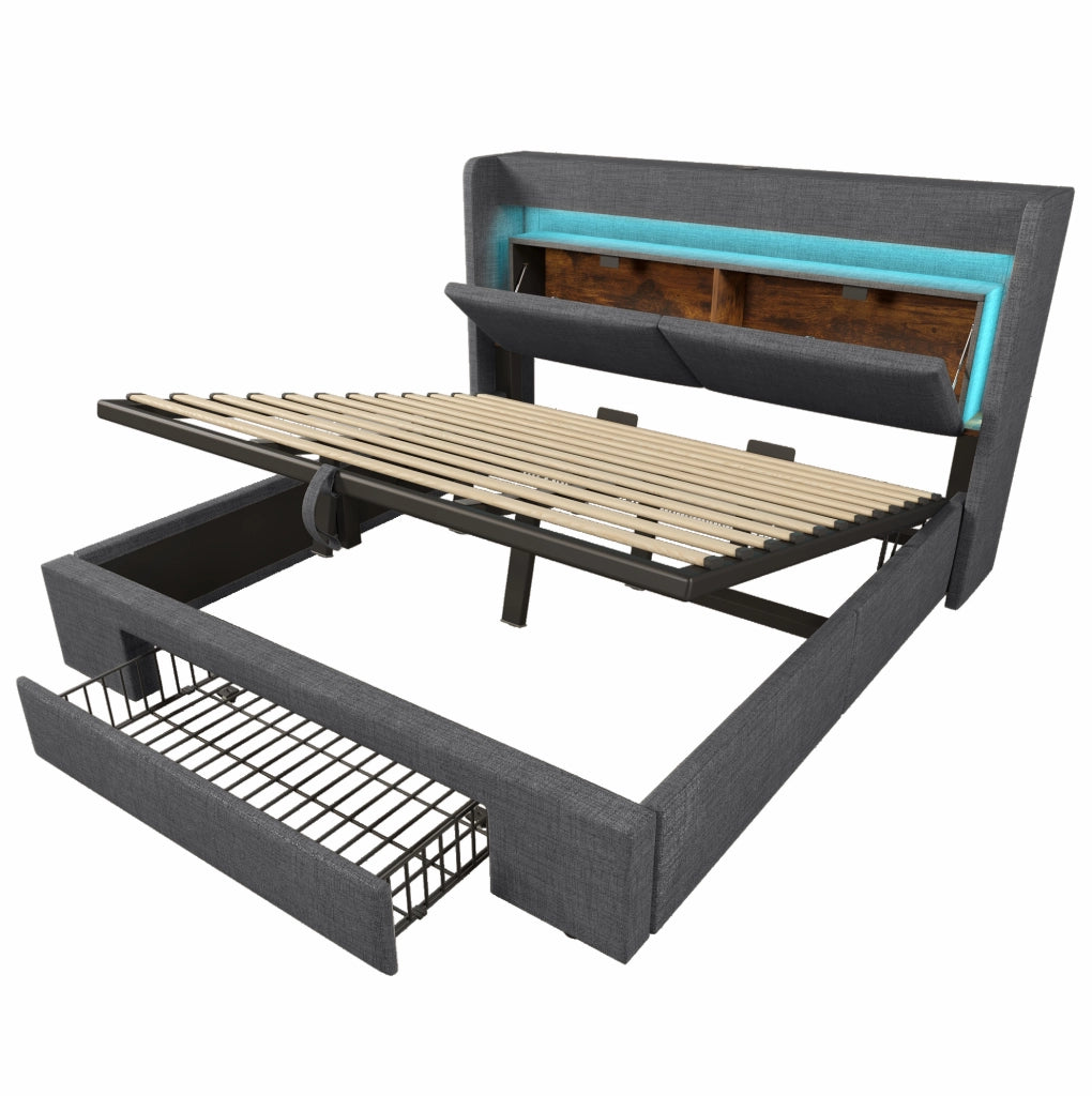 Letto contenitore ULEVR 180x200 cm con vano idraulico, LED, USB e USB-C, testiera con scomparti, grigio