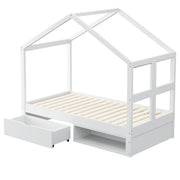 Letto singolo a casetta 90x190 cm bianco con cassetti; scarpiera e LED multicolore