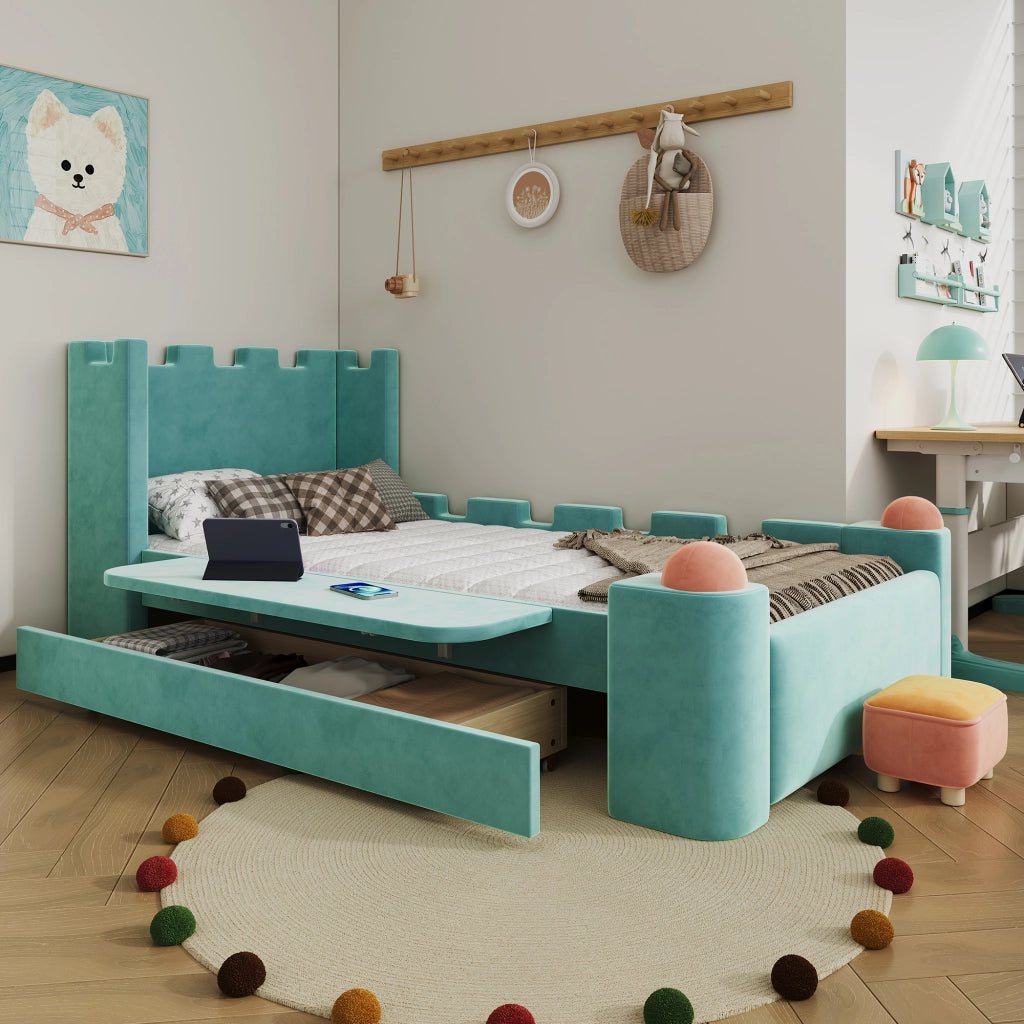 Letto singolo imbottito per bambini 90 × 200 cm con ripiano pieghevole cassetto contenitore velluto blu verde