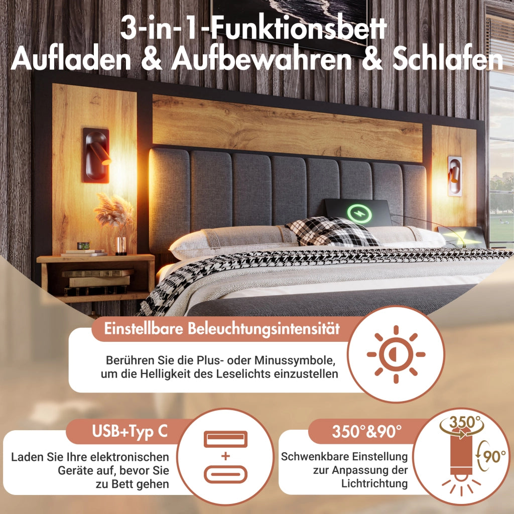 Letto 180x200 cm con comodini; panca contenitore; luci di lettura e USB/Type-C; effetto rovere