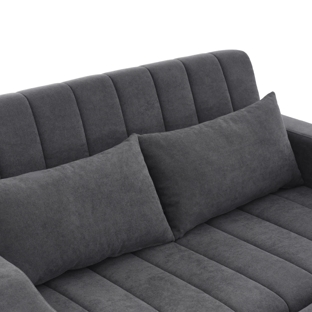 Divano letto 2 posti grigio in tessuto effetto lino con schienale regolabile; portabicchieri e 2 cuscini