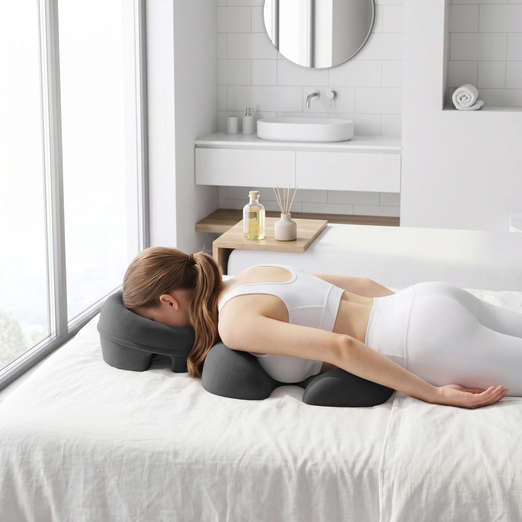 Cuscino per posizione prona 2 pezzi con supporto viso e torace in schiuma memory grigio scuro per massaggi e riposo