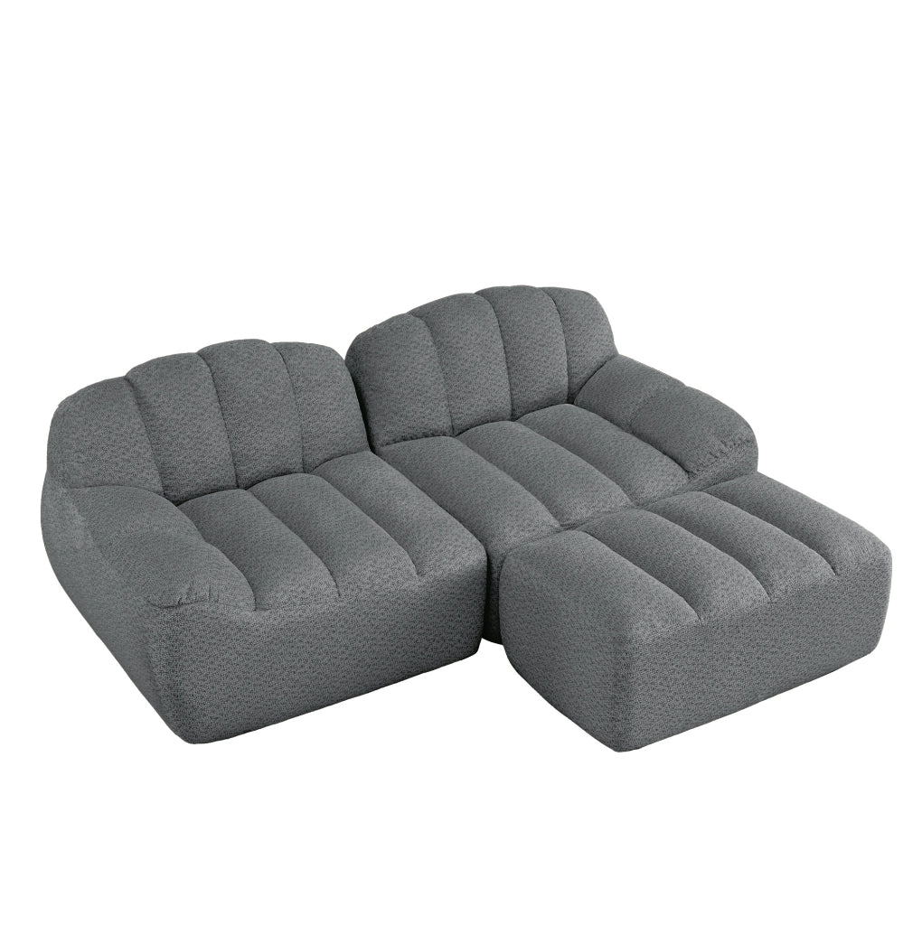 Divano modulare angolare a 2 posti con pouf in pile granulare grigio