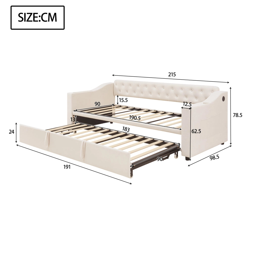 Divano letto 90 × 190 cm estraibile con apertura idraulica; velluto beige; USB e porta Type-C