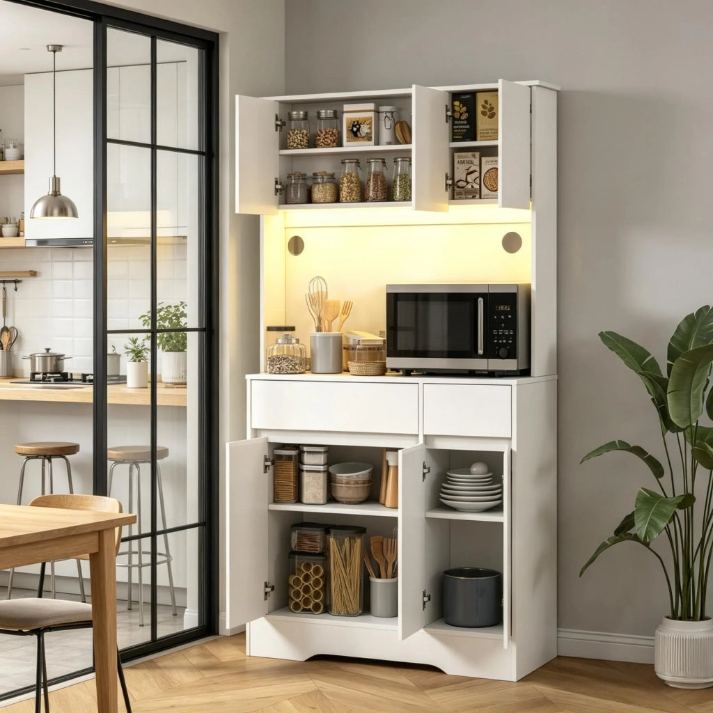 Alta credenza da cucina con illuminazione LED RGB, piano di lavoro, 6 ante e 2 cassetti, mobile contenitore per la cucina