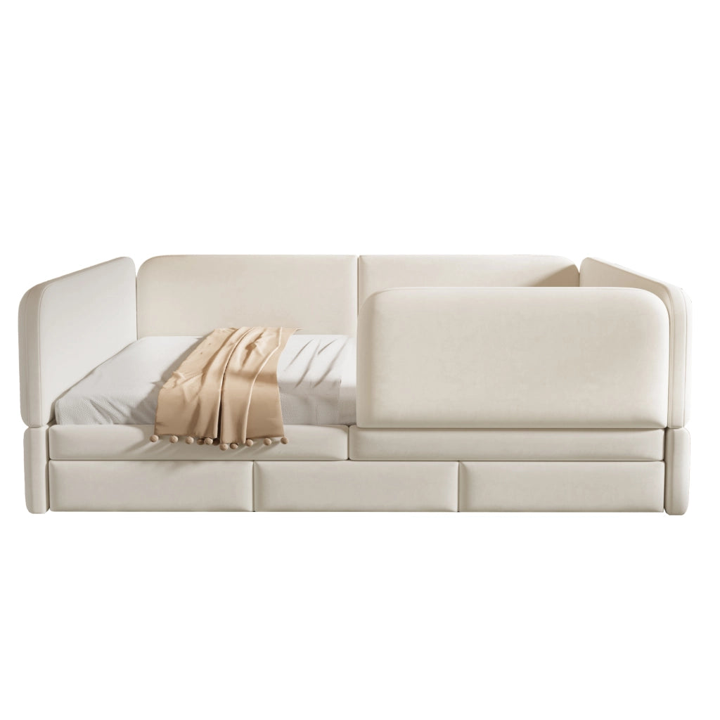 Letto con cassetti 140 × 200 cm imbottito con bordo perimetrale rivestito in velluto beige