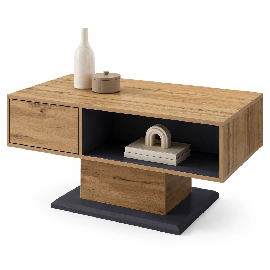 Tavolino da salotto 100x50x46;5 cm con vani portaoggetti su due lati; truciolare melaminico grigio rovere