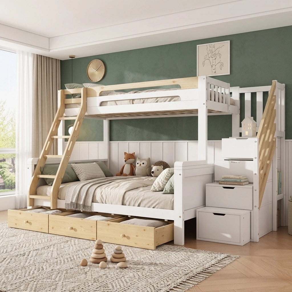 Letto a castello 90x200 e 140x200 cm in pino e MDF; bianco e naturale; con scala contenitore e 3 cassetti per cameretta