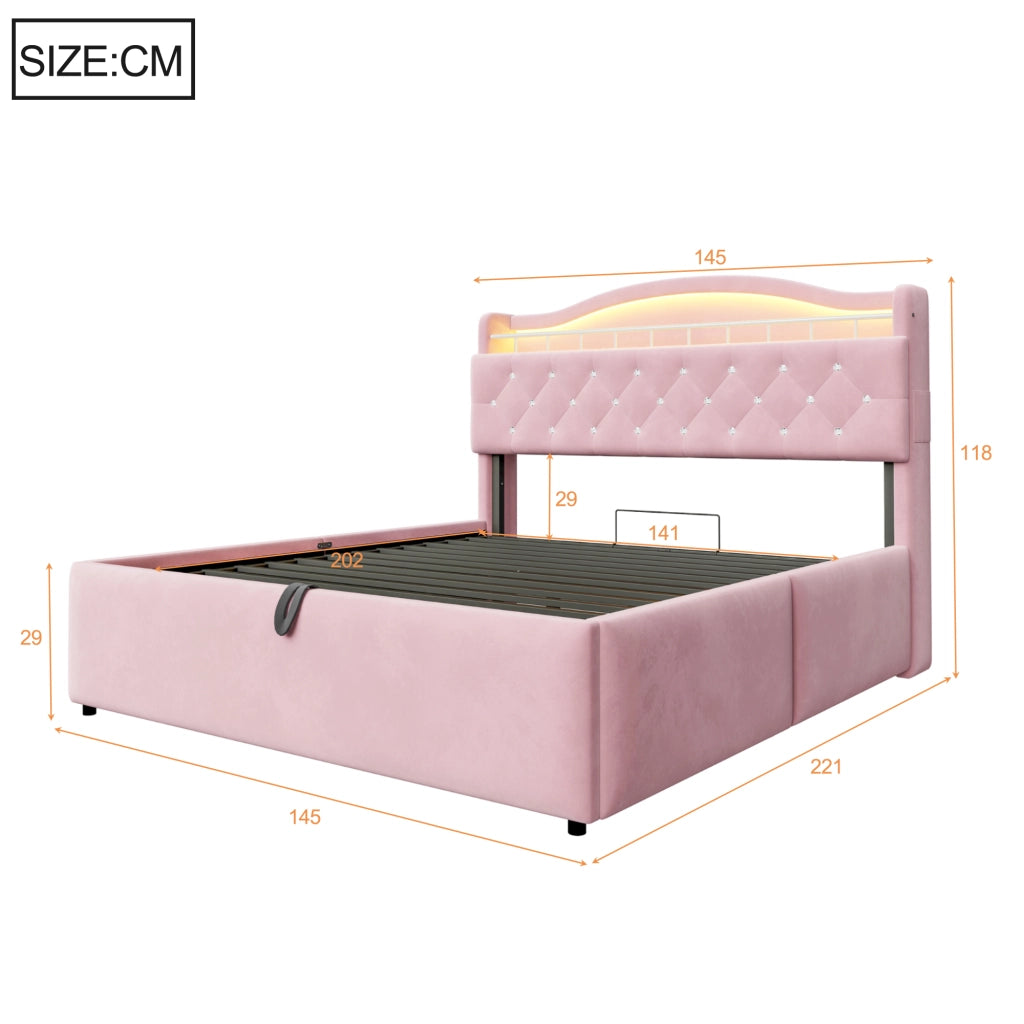 Letto Matrimoniale Contenitore 140x200 cm in Velluto Rosa con Testiera LED; Prese USB/USB-C e Rete a Doghe in Metallo