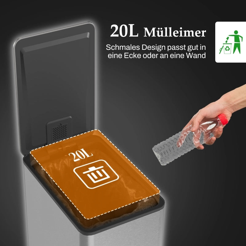 Pattumiera a pedale 20 l in acciaio inox argento con coperchio; secchio interno estraibile e chiusura silenziosa