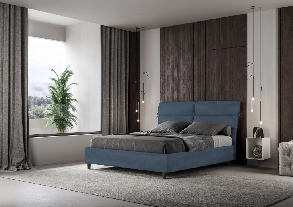 BS COM Letto matrimoniale con rete imbottito 160x190 microfibra blu