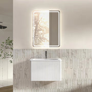 Set di mobili con lavamani sospeso con specchio LED regolabile lavabo integrato in solid surface bianco