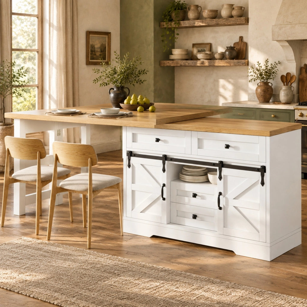 Tavolo allungabile con mobile laterale; pannelli girevoli a 360° e porta scorrevole in MDF bianco 120 × 40 × 72 cm
