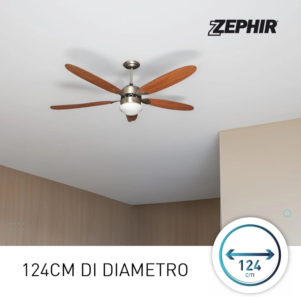 ZEPHIR ZFS9110M Ventilatore da Soffitto 130 cm con Luce E27, 5 Pale in Legno Marrone, Reversibile Estate/Inverno, 3 Velocità, Paralume in Vetro, Comando a Cordicella, 70W, Struttura in Metallo