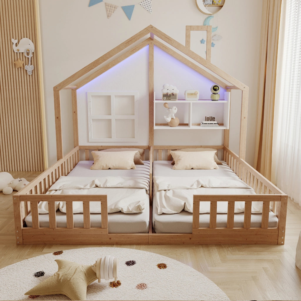 Letto per bambini doppio a casetta per due materassi 90 × 200 cm con LED, sponde, ripiani e rete in legno