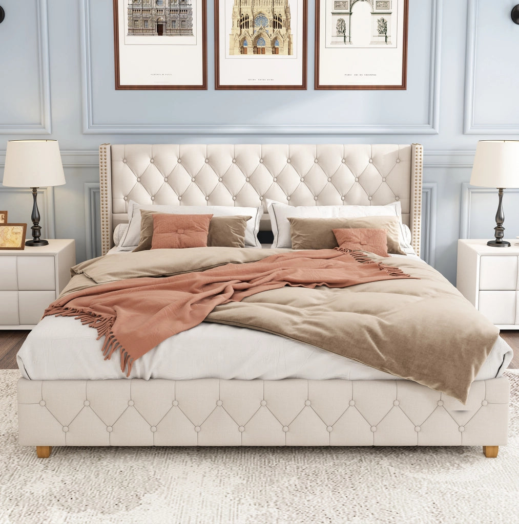 Letto capitonné 140x190 cm in lino beige con rete a doghe e testiera, senza materasso