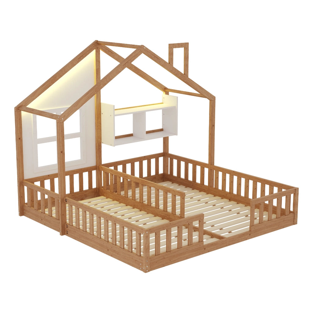 Letto per bambini doppio a casetta per due materassi 90 × 200 cm con LED, sponde, ripiani e rete in legno