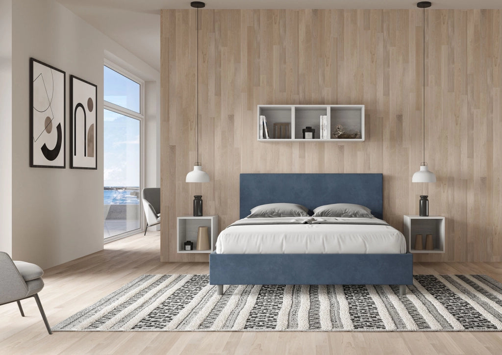 BS COM Letto matrimoniale king size con rete imbottito 170x200 microfibra blu