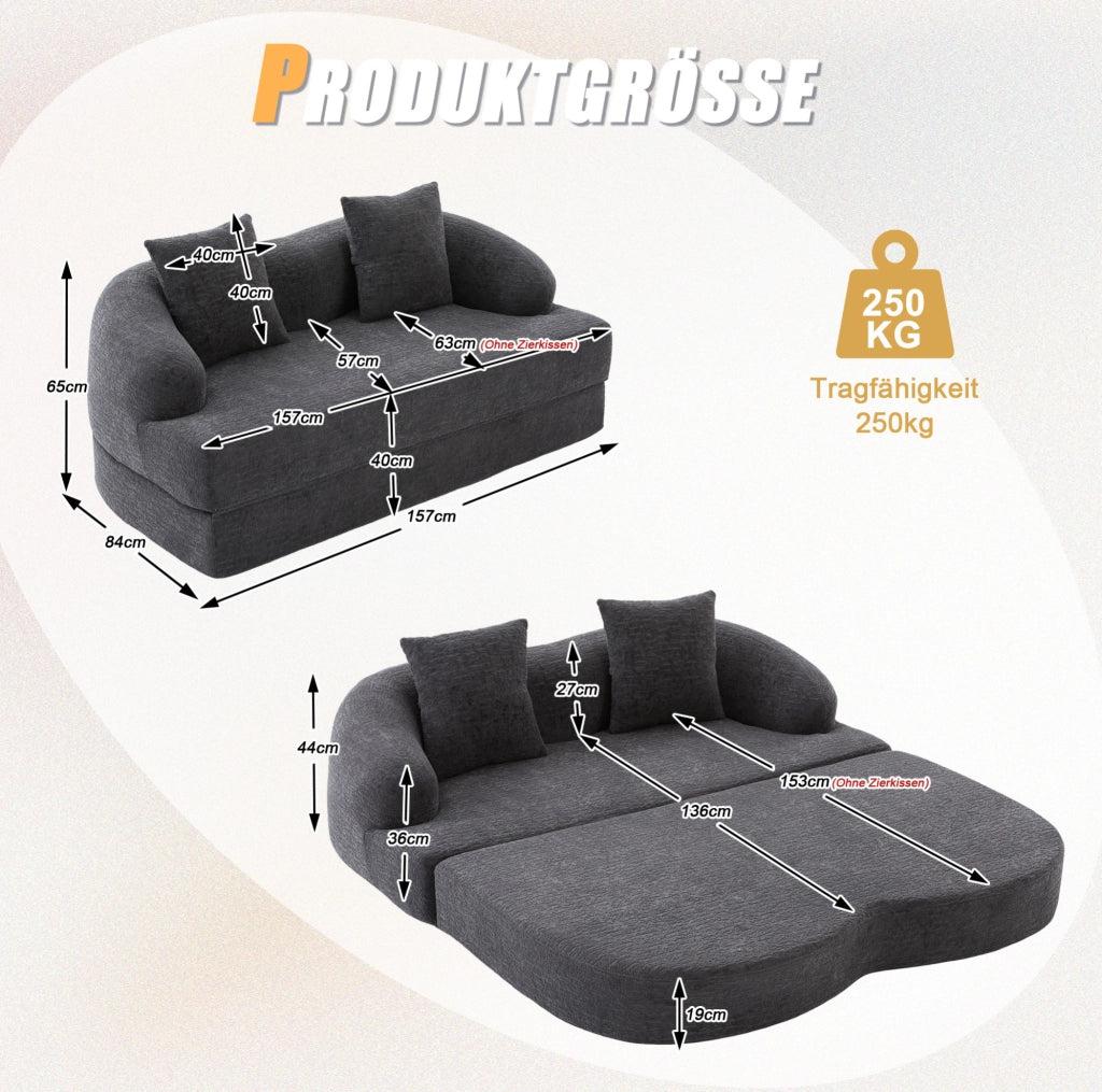 Divano letto 2 posti pieghevole in ciniglia grigio scuro; 157 x 84 x 65 cm