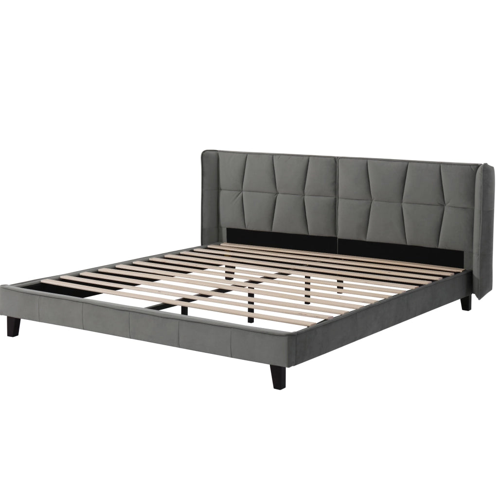 Letto imbottito 180x200 cm con rete a doghe e testiera in velluto grigio