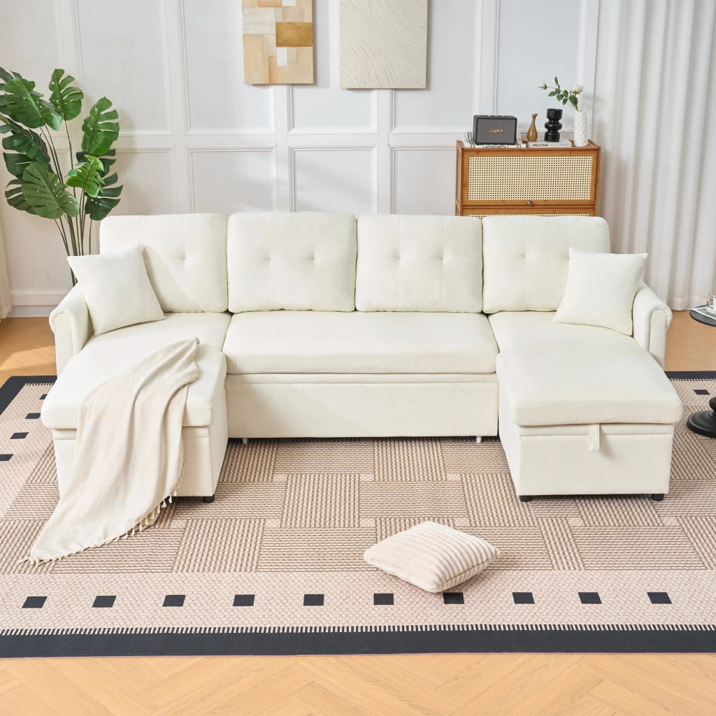 Divano angolare a U trasformabile con contenitore in ciniglia beige