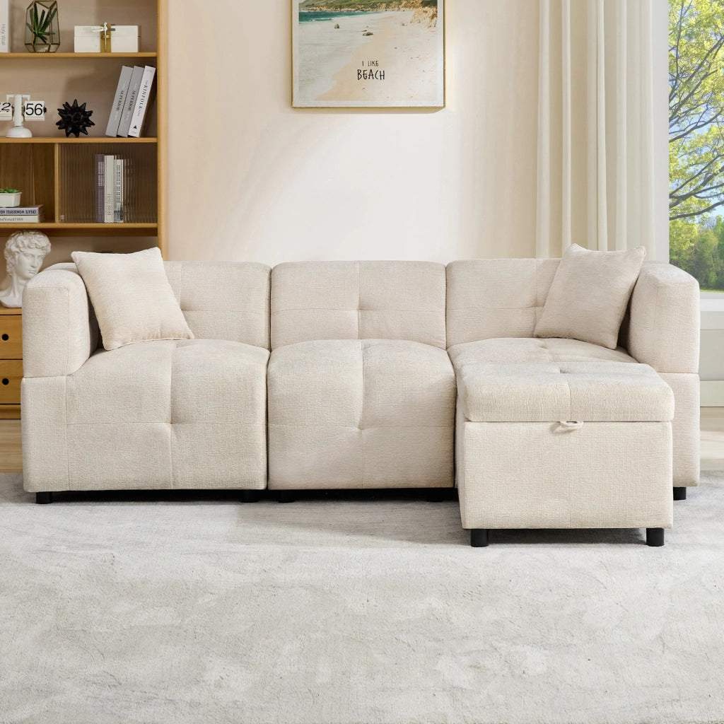 Divano angolare 3 posti 204x126 cm con pouf contenitore in ciniglia beige