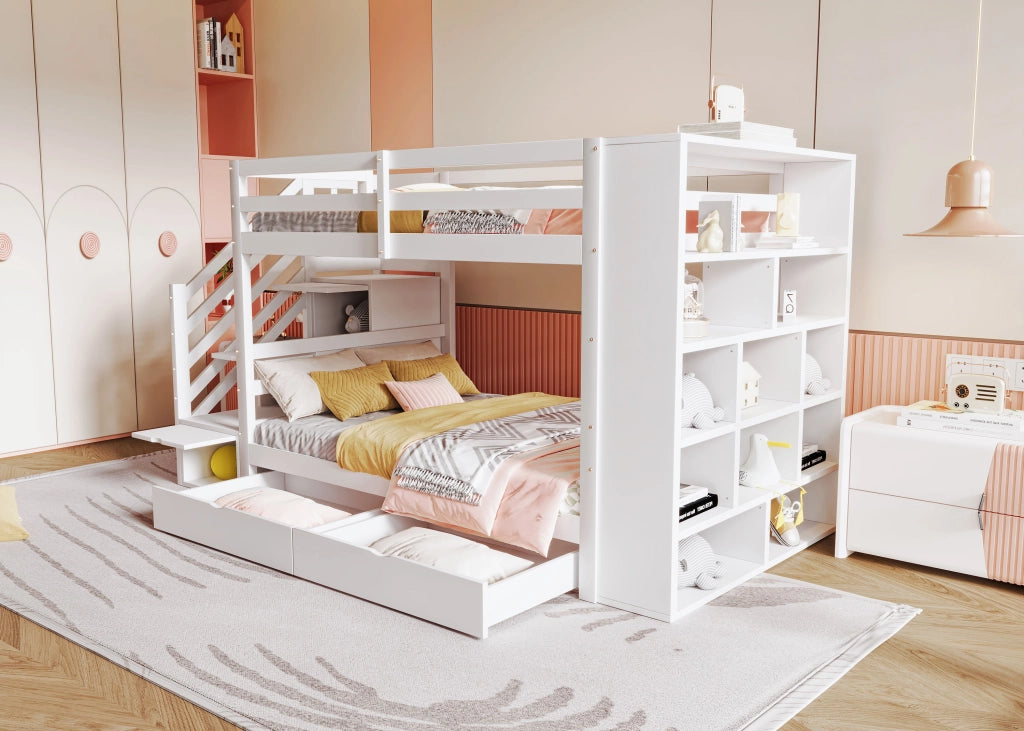 Letto a castello modulare 90 × 200 cm in legno bianco con scala contenitore cassetti e armadi integrati