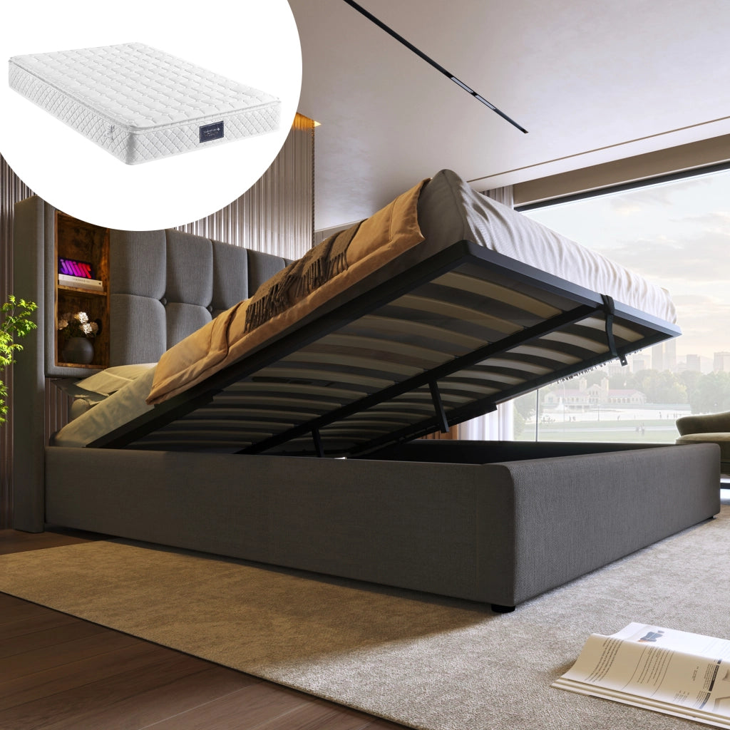 Letto Contenitore 140x200 cm; USB; Type-C e Ricarica Wireless; Cotone Grigio