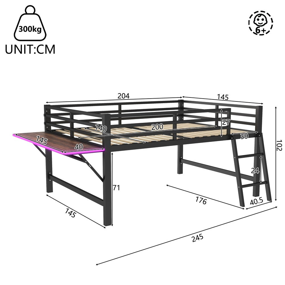 Letto a Soppalco con Scrivania e LED ¨C Xylo ¨C Metallo, Nero, 140x200