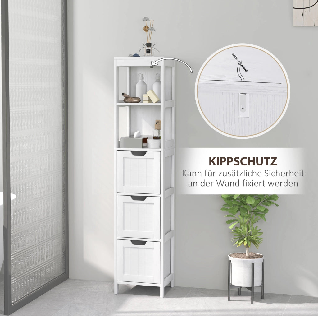 Mobiletto da bagno alto bianco con 3 cassetti e 2 ripiani aperti, 30x30x142,4 cm