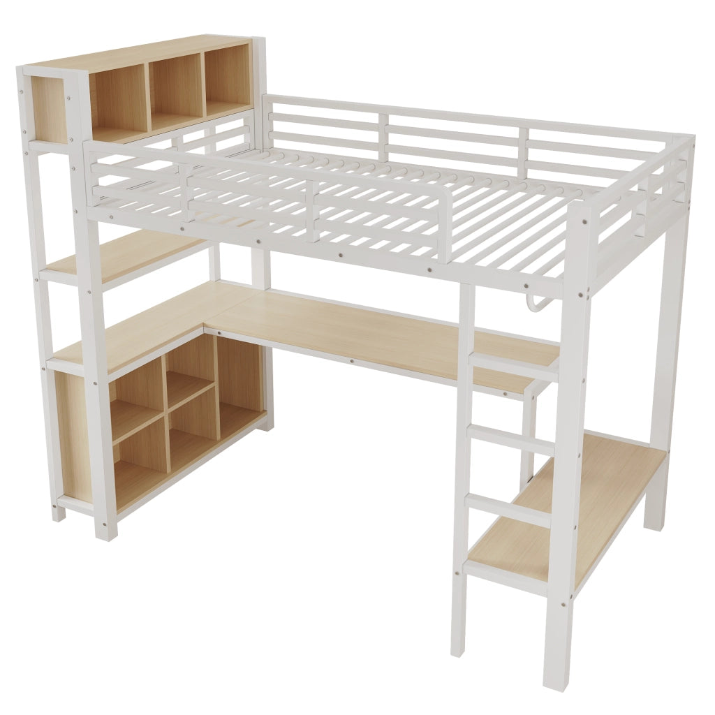 Letto a soppalco 90x200 cm con scrivania; scaffali e appendiabiti; metallo e MDF; bianco