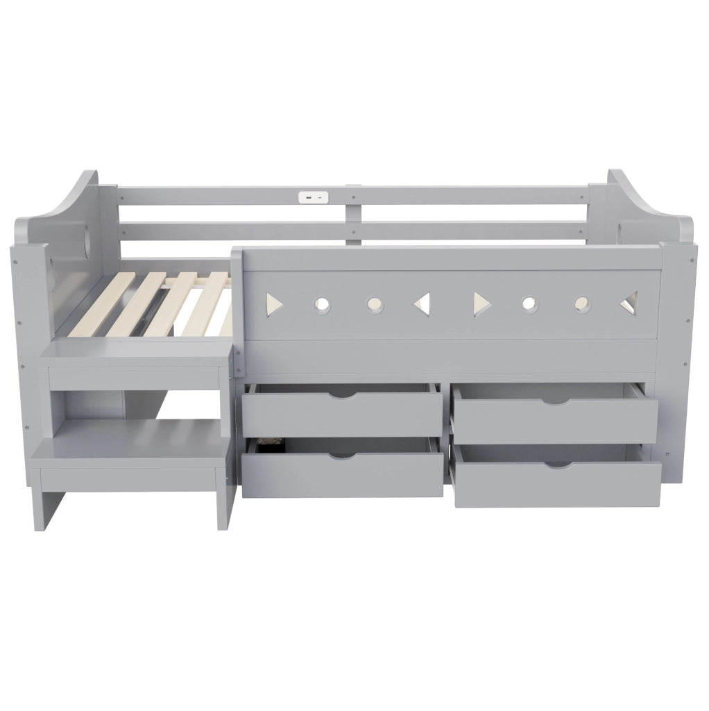 Letto singolo per bambini 90x200 cm grigio con cassetti, LED, USB e Type-C
