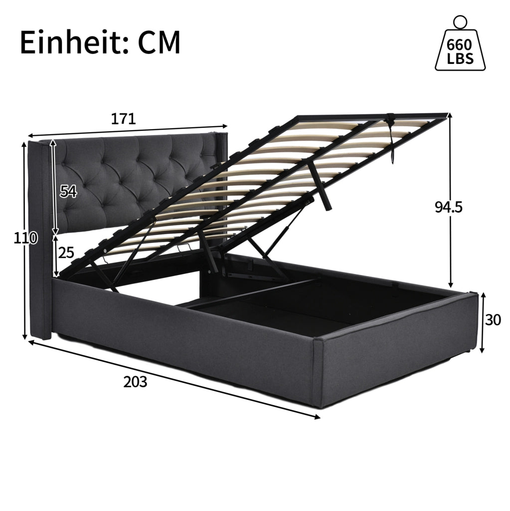 Letto imbottito 160x200 cm grigio con contenitore e rete sollevabile