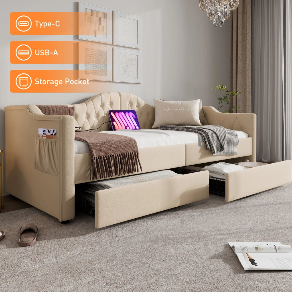 Daybed imbottito 90x200 cm con 2 cassetti; USB e Type-C; velluto beige