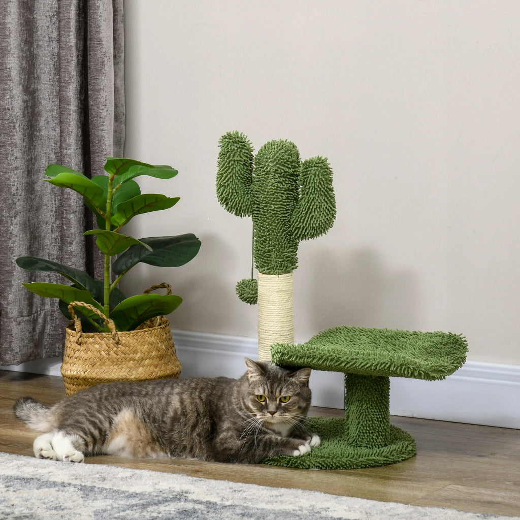 EasyComfort Albero per Gatti a forma di Cactus con Tiragraffi e Pallina da Gioco, 35x31x55.5 cm, Verde e Bianco