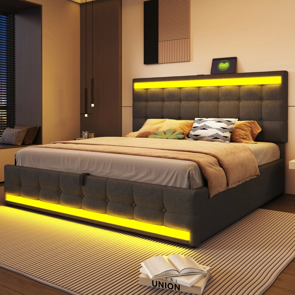 Letto imbottito 180 x 200 cm con contenitore idraulico, porta USB e striscia LED a colori variabili, letto singolo in lino, Grigio