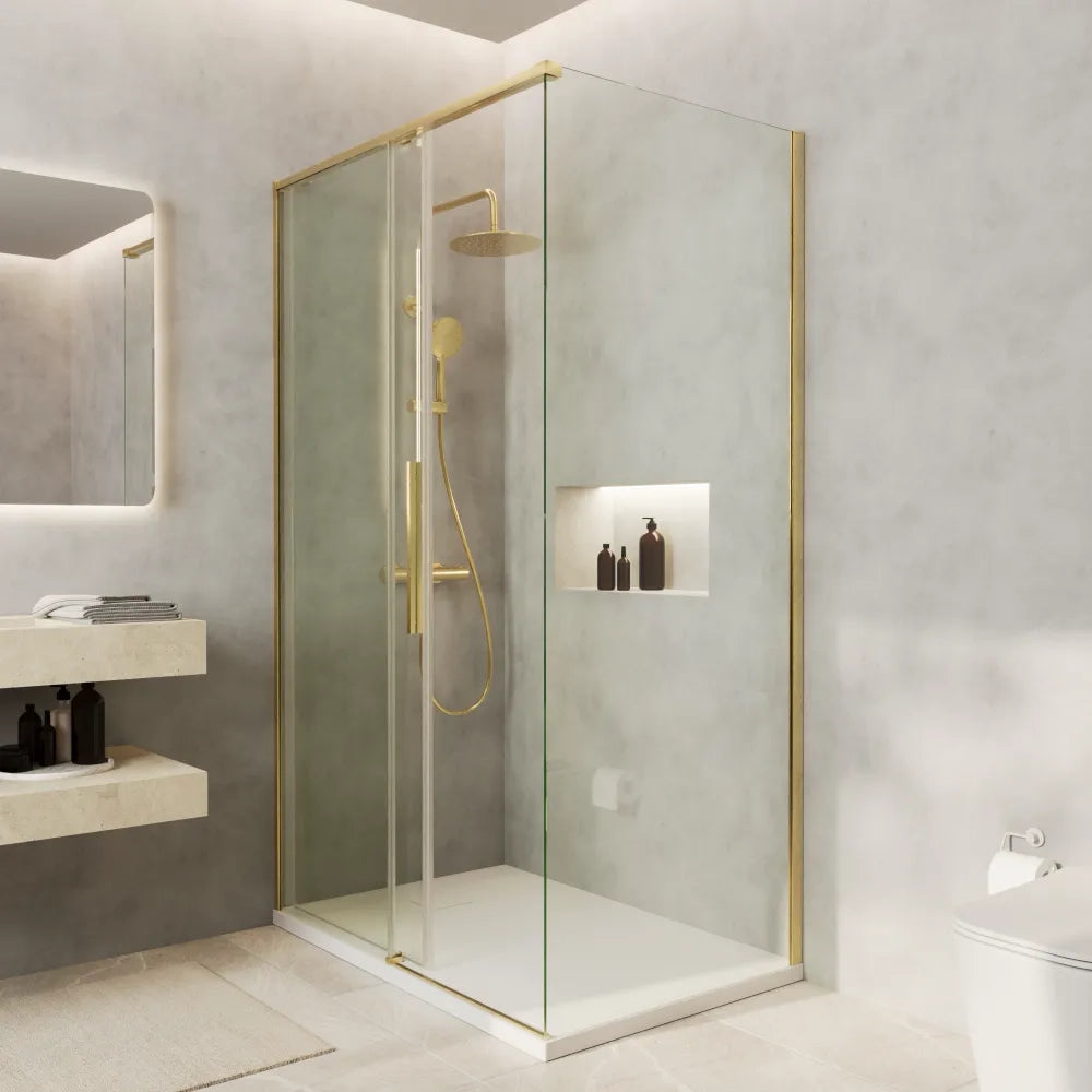 Box doccia 130x70cm scorrevole profili oro spazzolato vetro 8mm trasparente anticalcare h200 | Gili