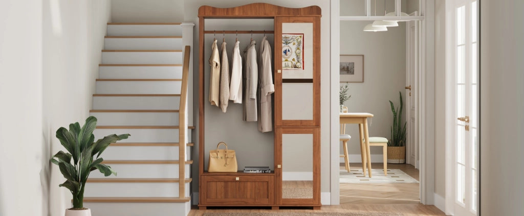 Garderobenschrank aus MDF in Nussbaum mit Ganzkörperspiegel und Offener Kleiderstange, 115,5x38,5x194,5 cm