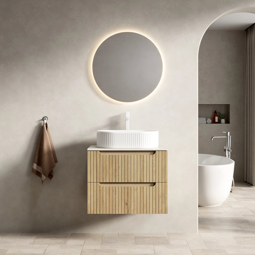 Mobile bagno con lavabo ovale in ceramica piano in pietra sinterizzata e 2 cassetti soft close colore rovere bianco