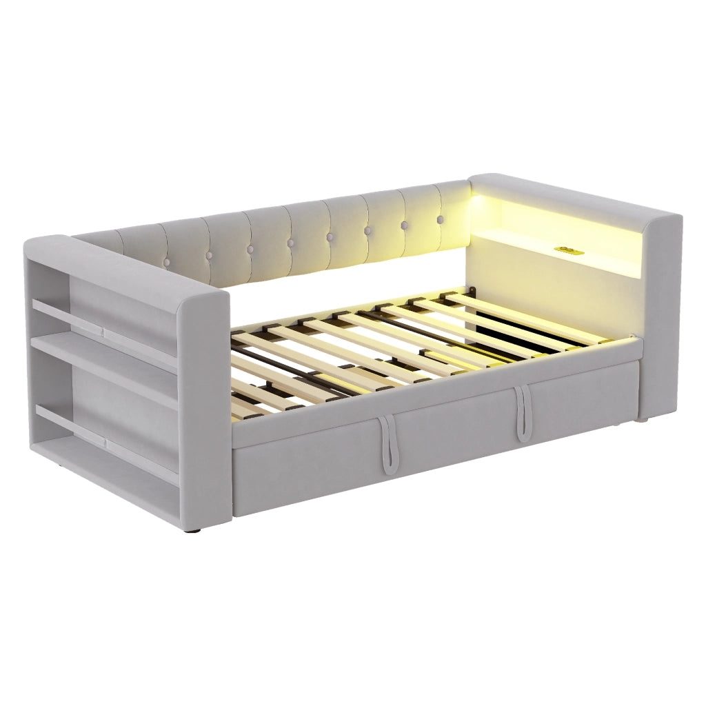 Letto singolo multifunzionale trasformabile con LED prese e vani portaoggetti in flanella grigio chiaro