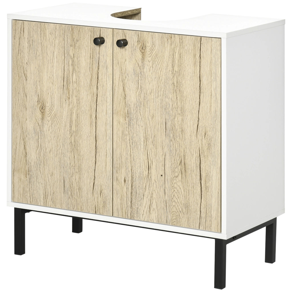 Mobile Bagno Sotto Lavabo 2 Ante con Ripiano in Truciolato e Acciaio ¨C Minimal ¨C Bianco Rovere 60x30x60 cm