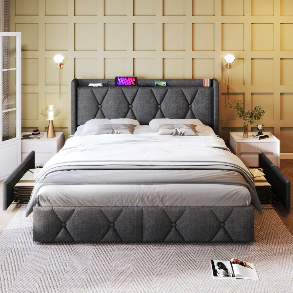 Letto 140 x 200 cm con 4 cassetti e testiera USB, lino grigio, rete a doghe